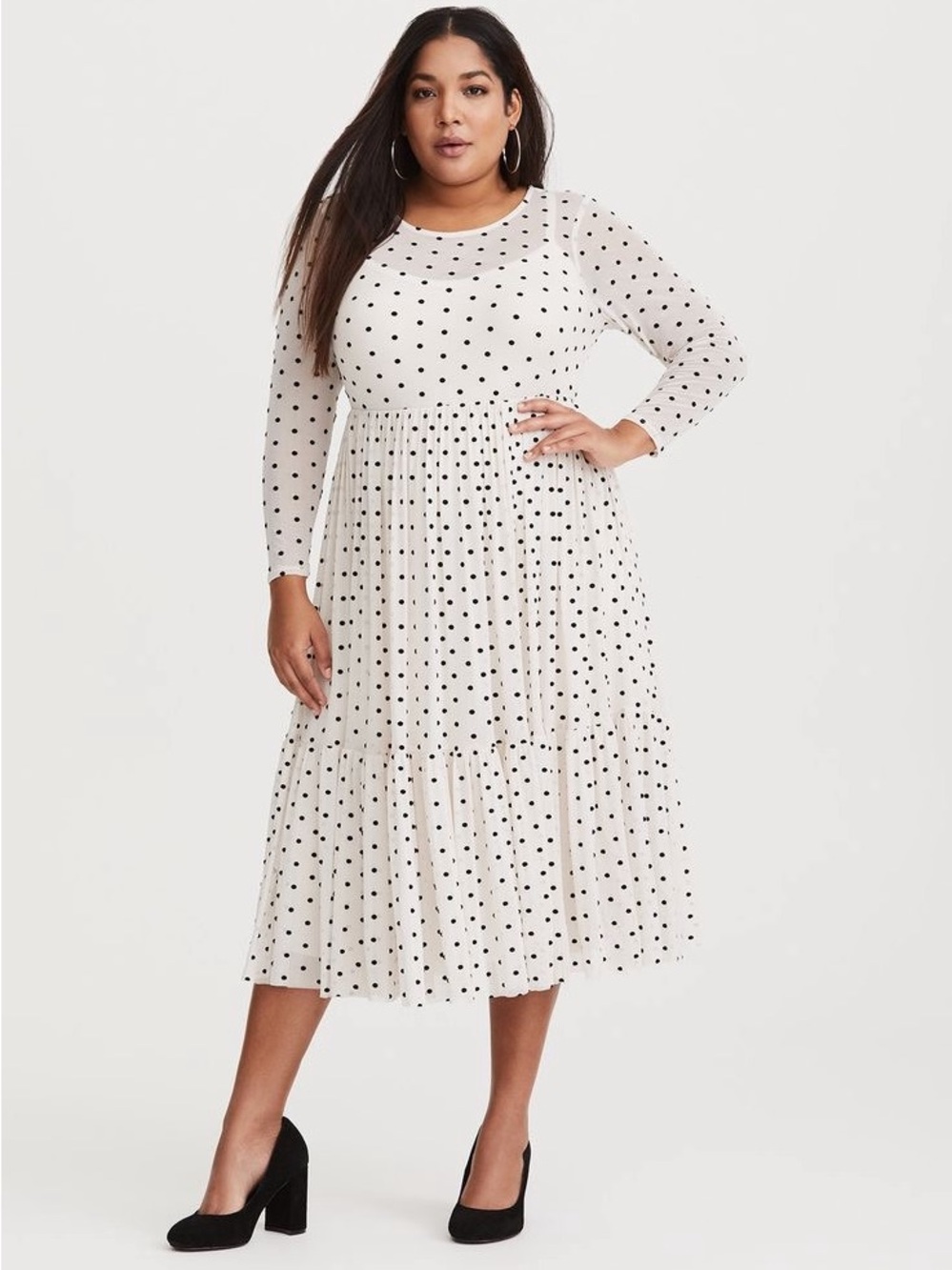 Torrid 1 Ivory Cream Black Polka Dot Sheer Mesh Midi Dress